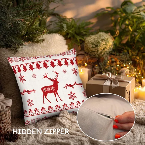 Vista 2 de PICKFORU Juego de 4 fundas cuadradas de almohada navideñas de 18 x 18 pulgadas, fundas cuadradas de invierno con ciervos navideños para sofá