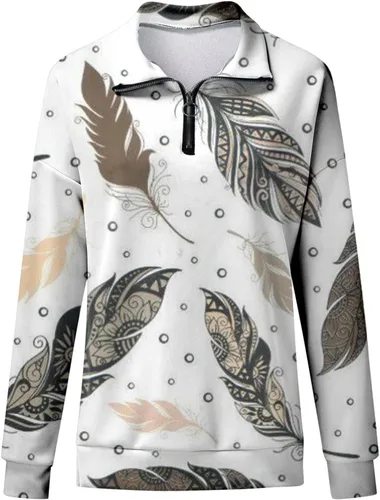 Vista 2 de Womens Crew Neck Sweatshirts Tops Leaf Feather Print Ladies Hooded Sweatshirt Casual Pullover Top Winter Sweaters