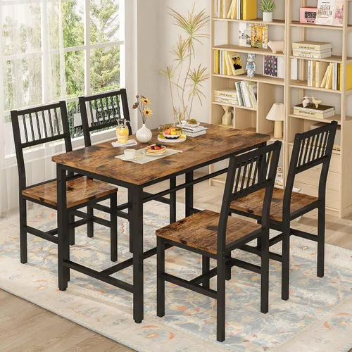 Vista 2 de AWQM - Juego de mesa de comedor de 47.2 pulgadas para 4, mesa industrial con 4 sillas curvas, juego de mesa de cocina rectangular de 5 piezas