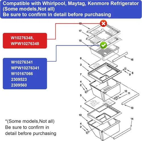 Vista 3 de Estante de vidrio para refrigerador W10276341 Piezas Compatibles con Kenmore, Whirlpool, Reemplazo de estante de vidrio para refrigerador 2309523