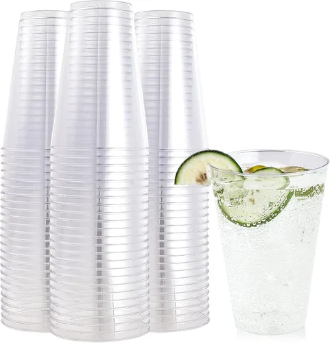 Vista 9 de FOCUSLINE Paquete de 100 vasos de plástico de 12 onzas con borde dorado, vasos transparentes de 12 onzas, vasos duros desechables elegantes