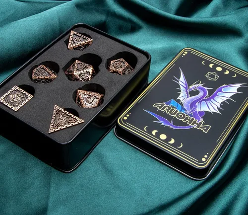 Vista 6 de ARUOHHA DND - Juego de dados de metal con caja de regalo, juego de rol, juego de 6 caras de poliedros para juegos de mesa RPG, dados D y D D20 D12