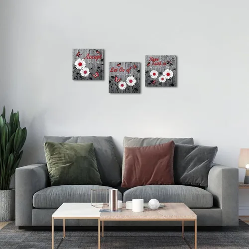 Vista 6 de SkenoArt Arte de pared de flores para dormitorio, lienzo de mariposa gris y roja, citas florales de margaritas, imágenes inspiradoras, decoración
