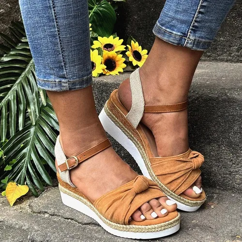 Vista 2 de Womenyiaor Sandalias de cuña para mujer, alpargatas para mujer, puntera abierta, correa al tobillo, sandalias de tacón de cuña, sandalias elegantes