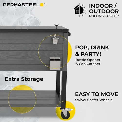 Vista 5 de Permasteel 80 Quart Party Cooler, Rolling Ice Chest with Wheels and Handles for Indoor Outdoor Patio