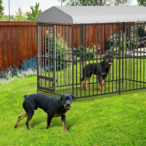 Vista 7 de GarveeTech Jaula para perros de 8 x 4 x 6 pies, jaula de metal resistente con cubierta superior impermeable, cuenco de alimentación giratorio