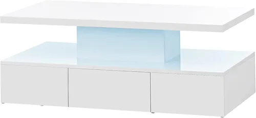 Vista 8 de LUMISOL Mesa de centro brillante con cajón de almacenamiento y luz LED, mesa central rectangular de 2 niveles, color blanco