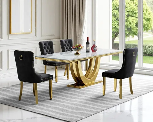 Vista 19 de SSLine Juego de mesa de comedor de mármol sintético blanco de 68 pulgadas