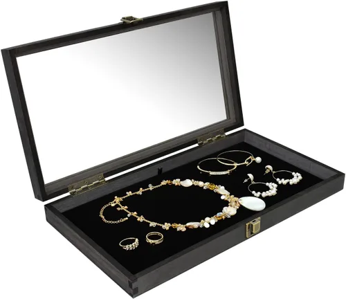 Vista 6 de MOOCA Vitrina de madera para joyas, vitrina de bolsillo con tapa superior de vidrio templado y almohadilla de joyería de terciopelo MDF de lujo