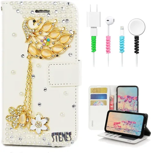 Vista 6 de Bling - Funda tipo cartera compatible con iPod Touch de 7ª generación (2019), elegante, diseño 3D hecho a mano de libélula y mariposa, funda de Azul