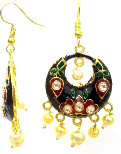 Vista 2 de DESI HAWKER Meenakari Minakari Pintura de esmalte dorado hecho a mano Pendientes Bali Jhumki Jhumka Joyería Bollywood India Chandbali Gota Dangle