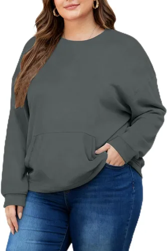 Vista 7 de Sudaderas de talla grande para mujer, sudadera casual de manga larga, color liso, cuello redondo, talla L-6XL