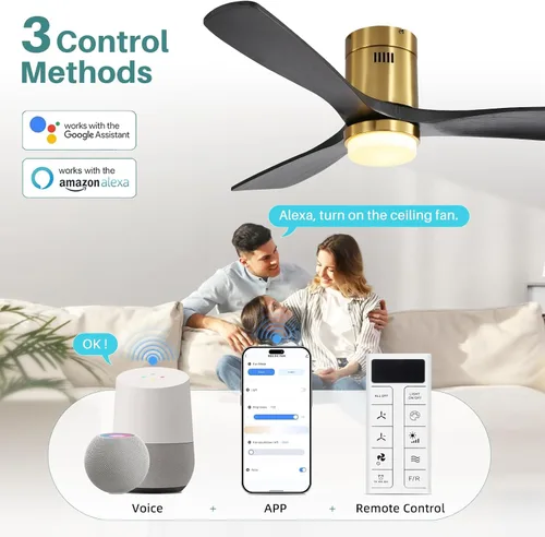 Vista 2 de Sofucor Ventiladores de techo inteligentes de 52 pulgadas con luces - montaje al ras de perfil bajo, modernos ventiladores de techo de madera maciza