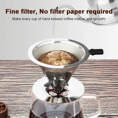 Vista 2 de Filtro de goteo de café, 1-4 tazas de doble malla sin papel, manual, reutilizable, permanente, cono de café de acero inoxidable