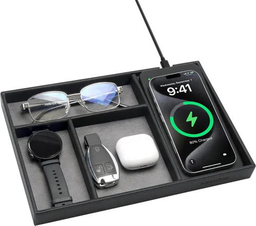 Vista 10 de Valet Tray, Built in Wireless Charging Pad, Nightstand Organizer Sillín marrón