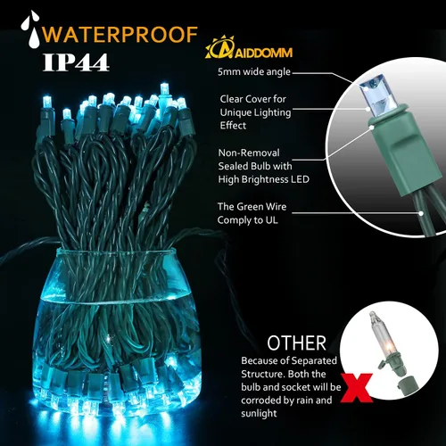 Vista 2 de 100 Unidades Luces LED de Navidad Aguamarina – 50 pies, luces de Navidad aguamarina de 5mm para exteriores de grado comercial, impermeables