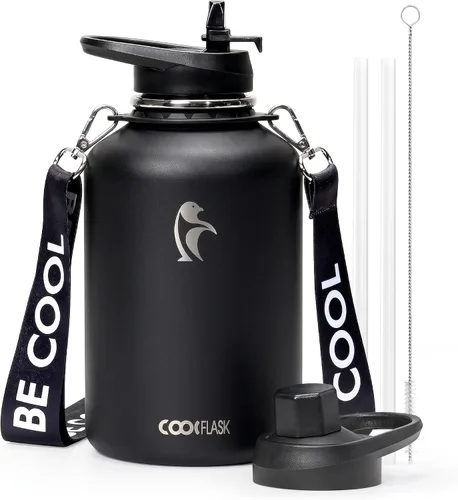 Vista 12 de Botella de agua Coolflask de 40 onzas con correa, botella de agua metálica aislada con popote y tapas con pico, acero inoxidable de doble pared al