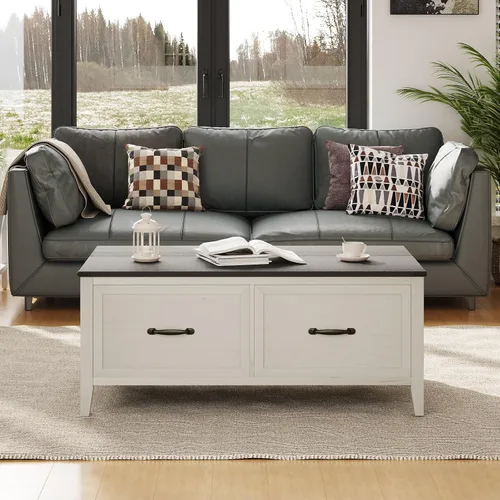 Vista 6 de Crestlive Products Mesa auxiliar de granja, mesa central de madera con bisagras de 43 pulgadas, mesa de centro rústica con gran almacenamiento