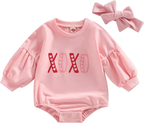 Vista 31 de SOLILOQUY Traje de manga larga con cuello redondo para el primer día de San Valentín para bebé niño y niña, mameluco de corazón de amor