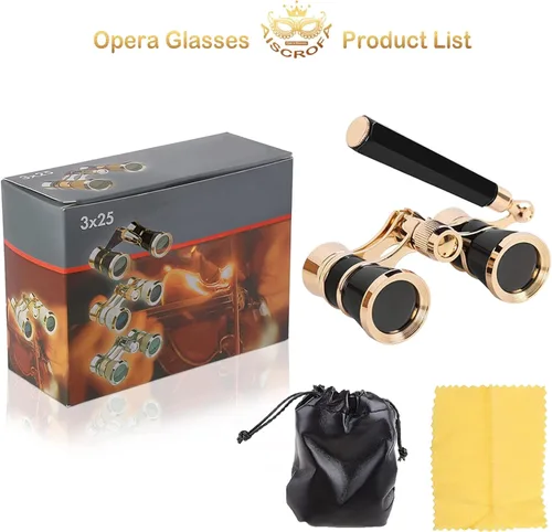 Vista 5 de Gafas de ópera, prismáticos de teatro 3X25 con mango plegable y extensible, mini binoculares compactos y ligeros, gafas de teatro portátiles