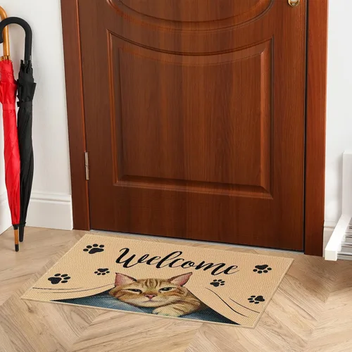 Vista 4 de Heyfibro Tapete de bienvenida para puerta de gato, tapete antideslizante de huella de mascota, decoración familiar, 29 x 17 pulgadas, tapete de goma