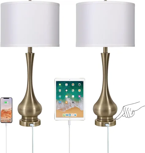 Vista 2 de Lámpara táctil para dormitorios juego de 2, juegos de lámparas de mesa de noche regulables de 3 vías con pantalla de tela de lino, lámpara
