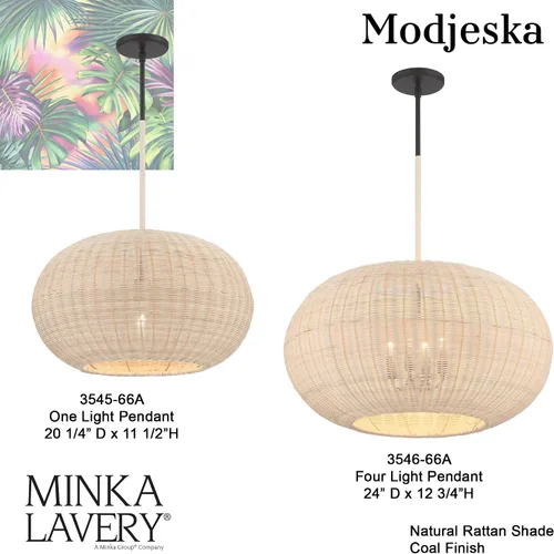 Vista 4 de Minka Lavery Modjeska 3546-66A Lámpara colgante de ratán natural, 4 luces 240 vatios totales, 13 pulgadas de alto x 24 pulgadas de ancho, carbón
