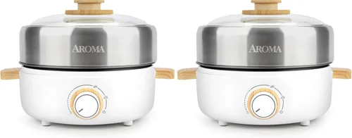 Vista 10 de Aroma Housewares AMC-130 Whatever Pot, parrilla de interior, cocina, olla caliente con tapa de vidrio, asas de bambú, 2.5 L, acero inoxidable/blanco
