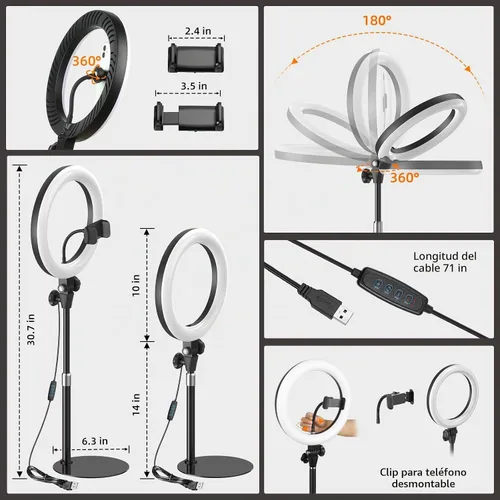 Vista 5 de Anillo de luz de escritorio de 10 pulgadas con soporte, iluminación de zoom con soporte para teléfono para computadora, videollamadas, conferencias