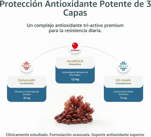 Vista 5 de Suplemento de astaxantina de 12 mg – AstaREAL™ Procedente de microalgas con geranilgeraniol GG-Gold® y Tocotrienoles DeltaGold®, sin OMG, sin