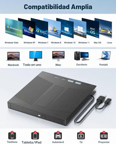Vista 5 de 7-en-1 Unidad Blu Ray externa compatible 100G y disco 3D R/W para PC