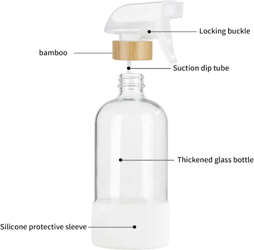 Vista 6 de HOMBYS Botellas vacías de vidrio de bambú con protección de funda de silicona, recipientes de vidrio transparente recargables de 17 onzas