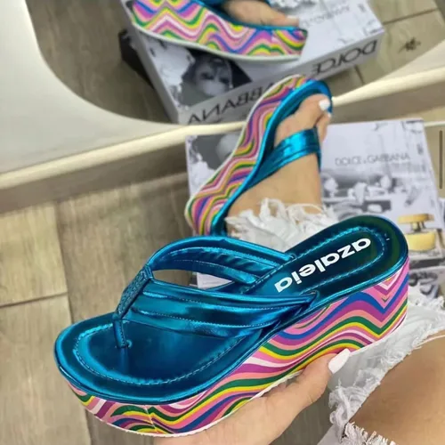 Vista 5 de Sandalias de plataforma arcoíris para mujer, con plataforma de cuña y puntera abierta, con soporte de arco, cómodas pantuflas de playa