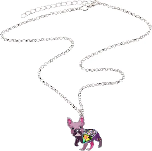 Vista 4 de BONSNY Collar de Bulldog Francés con diamantes de imitación esmaltados, diseño original para mujeres y niños