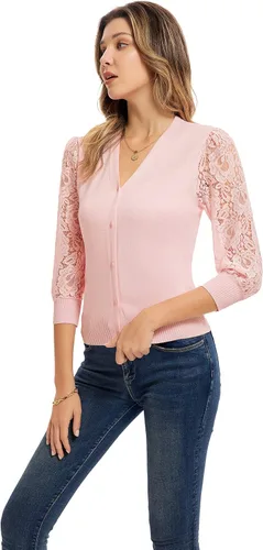 Vista 3 de GRACE KARIN Cárdigan de verano para mujer, ligero, cuello en V, encaje, manga 34, botones frontales