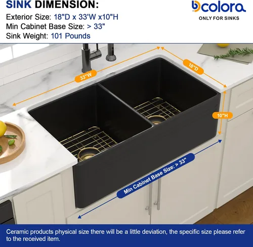 Vista 6 de Dcolora Fregadero de porcelana de cerámica negra de 33 pulgadas, fregadero de cocina frontal con delantal de arcilla refractaria con accesorios