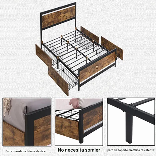 Vista 5 de Ailisite Marco de cama de tamaño individual de granja con almacenamiento y 4 cajones, marco de cama LED rústico con cabecera y estación de carga