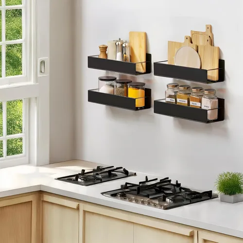 Vista 3 de Estante para especias de montaje en pared: 4 paquetes de almacenamiento y organización de despensa de gran tamaño sin taladrar – 11.8 pulgadas negro