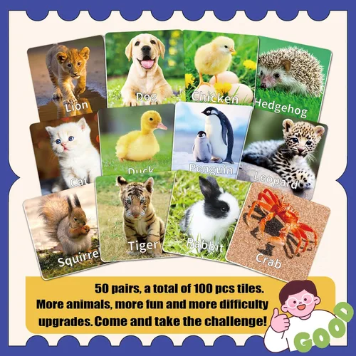 Vista 6 de YTSQLER Juego de emparejamiento de animales para niños 100 piezas Juego de cartas de memoria para niños pequeños Actividades de aprendizaje