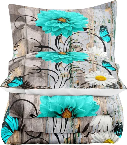 Vista 4 de LUVIVIHOME Juego de edredón floral verde azulado, tamaño Queen, juego de ropa de cama de dalia turquesa y margarita blanca, margarita azul