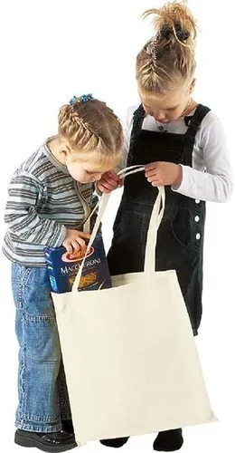 Vista 2 de TBF Bolsas de lona de algodón, 15 x 16 pulgadas, color natural, 6 onzas. Bolsas de compras reutilizables en blanco con asas