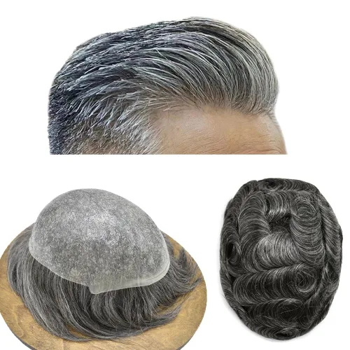 Vista 51 de Tupé de piel ultra fina para hombres pieza de cabello humano real sistema de reemplazo 0.002 in Mens Toupee Hairpiece para hombres V-Loop 8x10 80%
