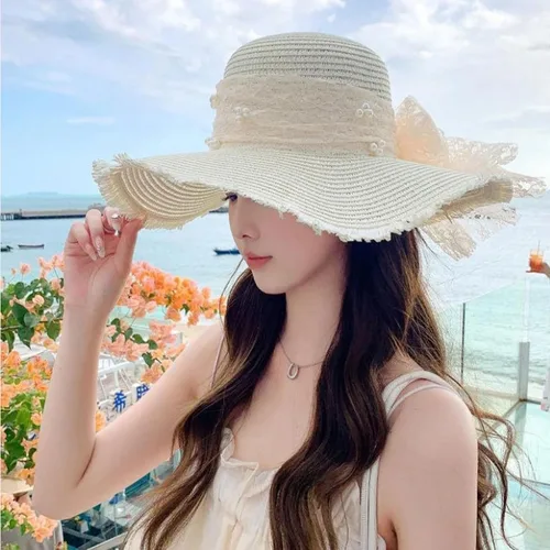 Vista 2 de Women hat Floppy Wide Brim Summer Beach Straw UPF Sun Fisherman's Cold Beige 1