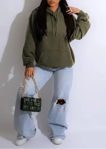 Vista 3 de Sudadera casual con capucha para mujer, cuello redondo, ligera, de manga larga, con bolsillos