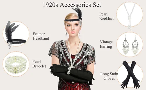 Vista 6 de Vestido con flecos de lentejuelas estilo años 20 y Gran Gatsby con juego de accesorios de los años 20 también, Classic, XL, Negro-Negro
