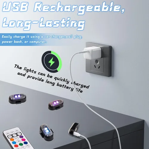 Vista 5 de 2 piezas de luces estroboscópicas LED inalámbricas con control remoto, luces LED mini impermeables USB de 8 colores, luces LED de advertencia