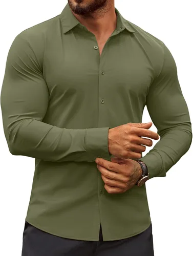 Vista 17 de COOFANDY Camisas de vestir ajustadas para hombre, sin arrugas, manga larga, casuales, con botones