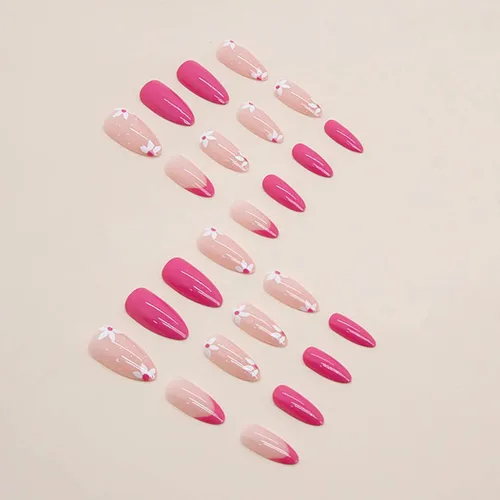 Vista 3 de RikView Uñas postizas a presión de color rosa medianas, con diseño de flores, uñas de almendra, uñas acrílicas brillantes, 24 unidades por juego