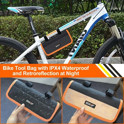 Vista 6 de Bolsa de reparación de bicicletas con bomba de neumáticos, kit de herramientas portátil para viajes de campamento, parches sin pegamento, artículos