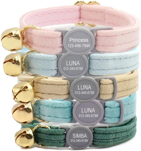 Vista 8 de Collar de gato reflectante personalizado con campana y hebilla separable, nombre grabado y número de teléfono